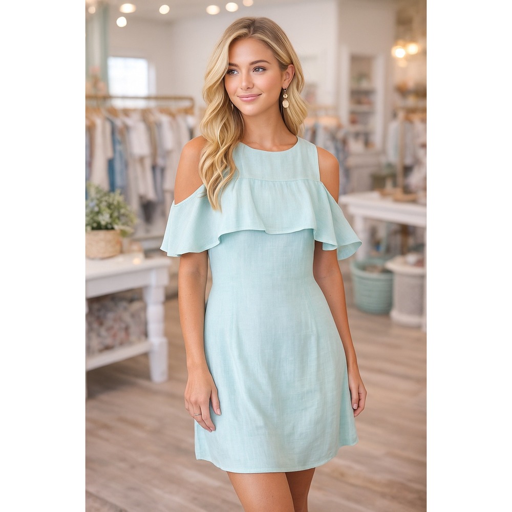 Light Blue Cold‎ Shoulder Ruffle Layered Linen Blend Dress